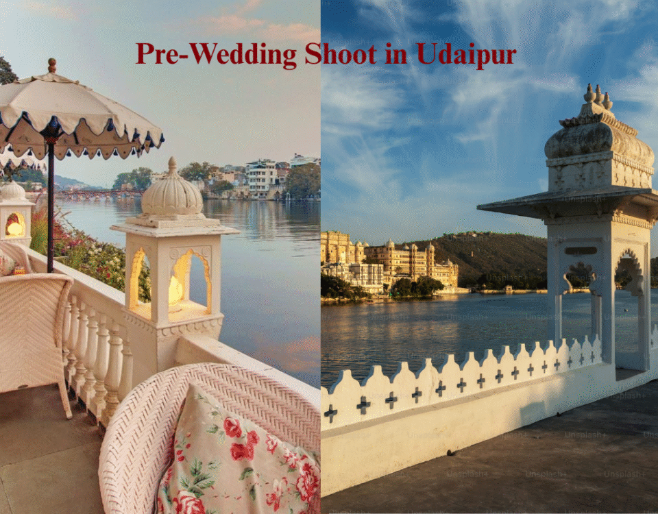 Couple in traditional attire posing by Lake Pichola during a pre-wedding shoot in Udaipur with City Palace in the background.